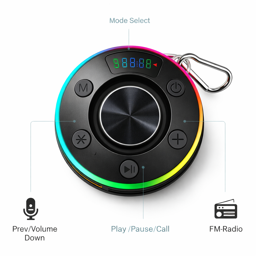 Waterproof Bluetooth Speaker with RGB Lights, FM Radio & Built-In Mic