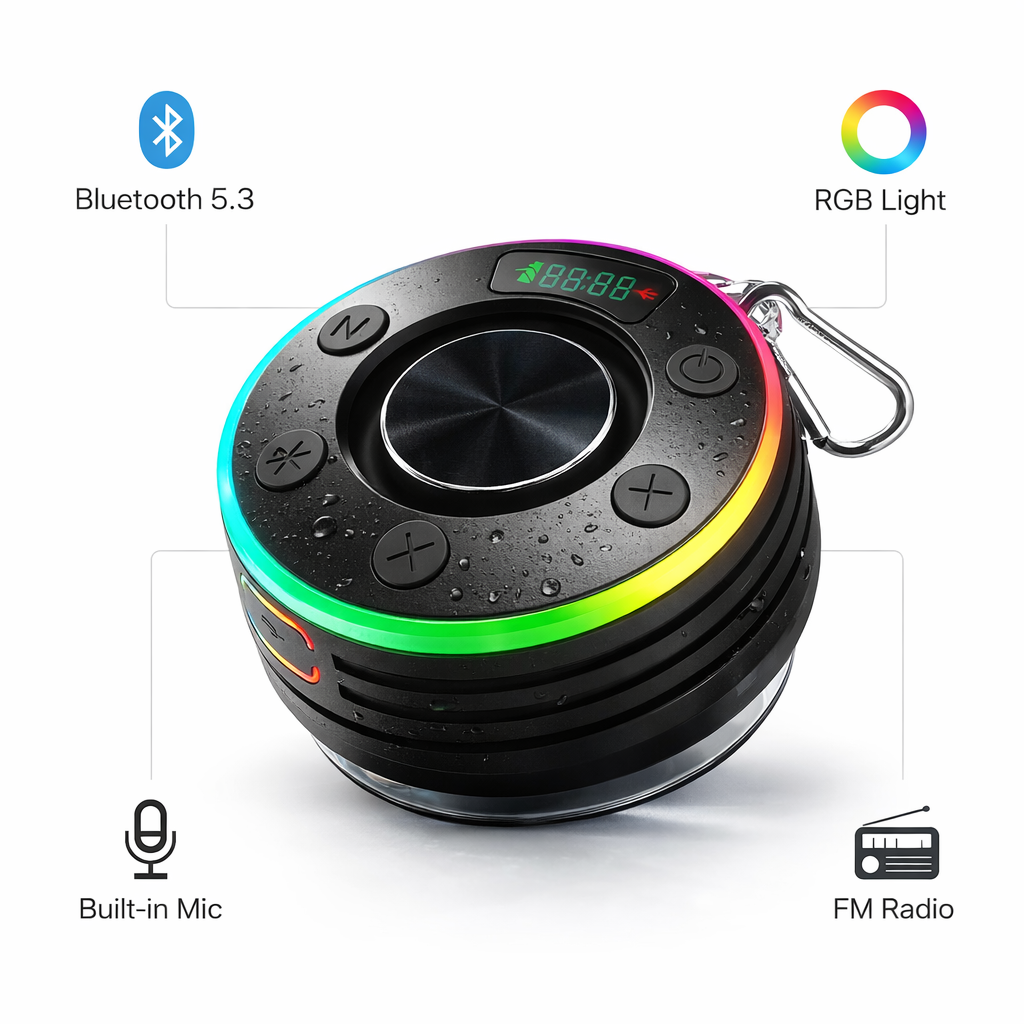 Waterproof Bluetooth Speaker with RGB Lights, FM Radio & Built-In Mic