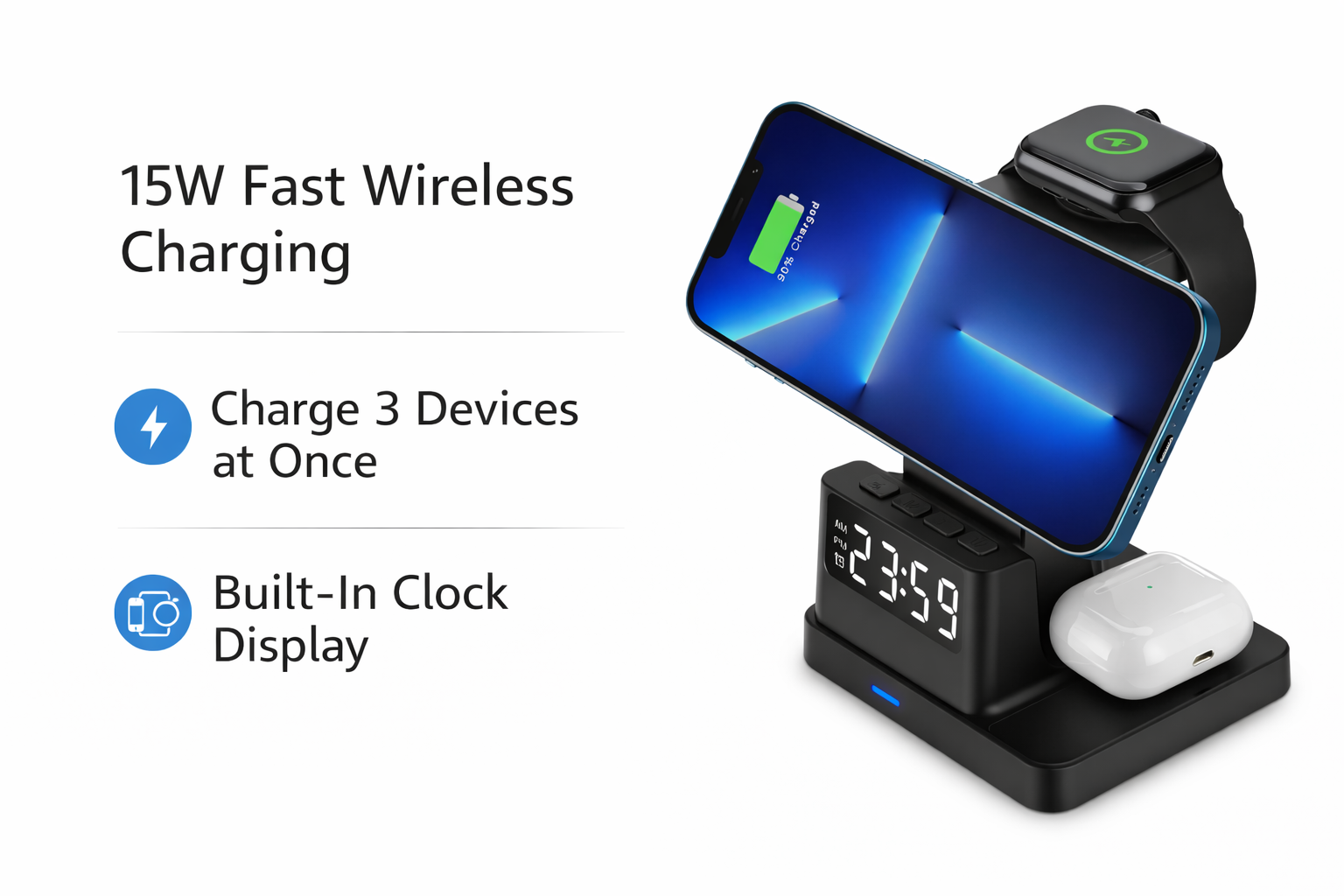 3-in-1 Wireless Charging Station with Clock – Fast Magnetic Charger