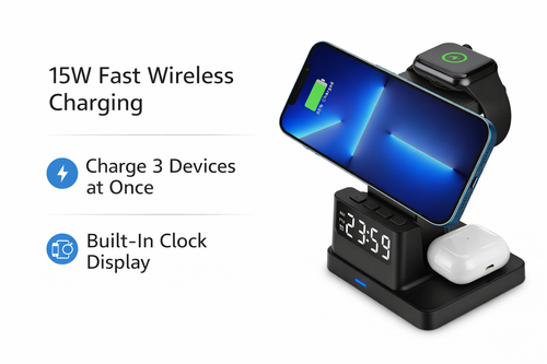 3-in-1 Wireless Charging Station with Clock – Fast Magnetic Charger