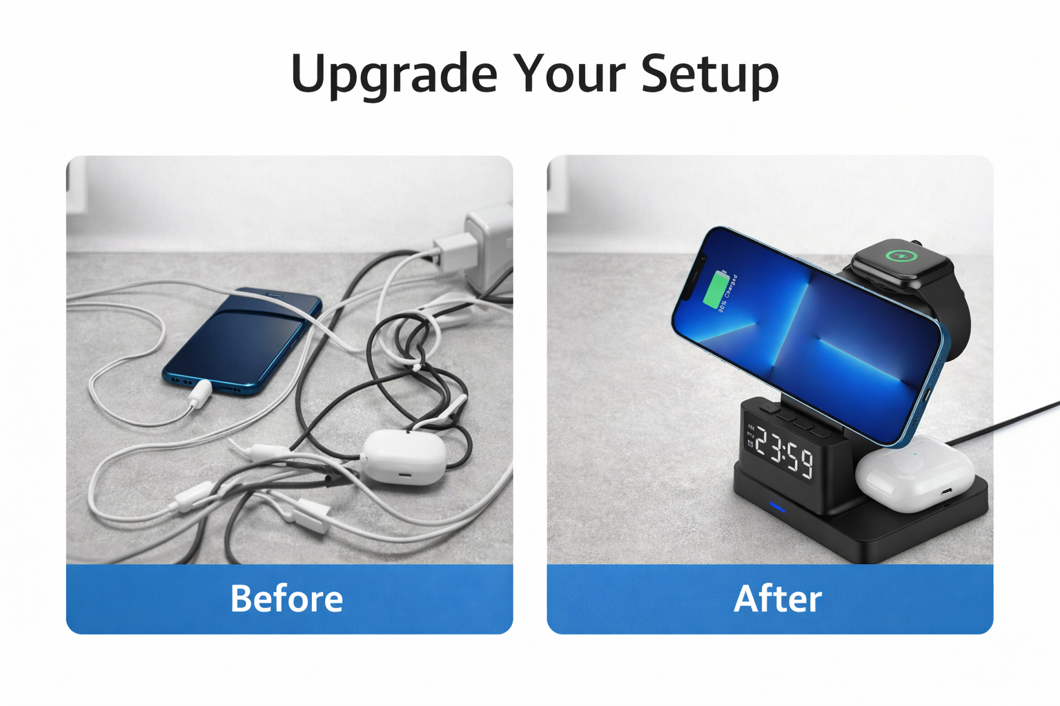 3-in-1 Wireless Charging Station with Clock – Fast Magnetic Charger