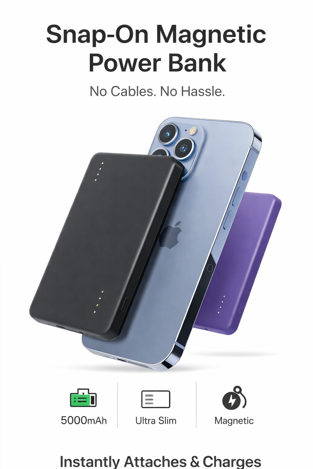 Slim Magnetic Power Bank 10000mAh, Snap-On Wireless Portable Charger, Fast Charging Battery Pack for iPhone