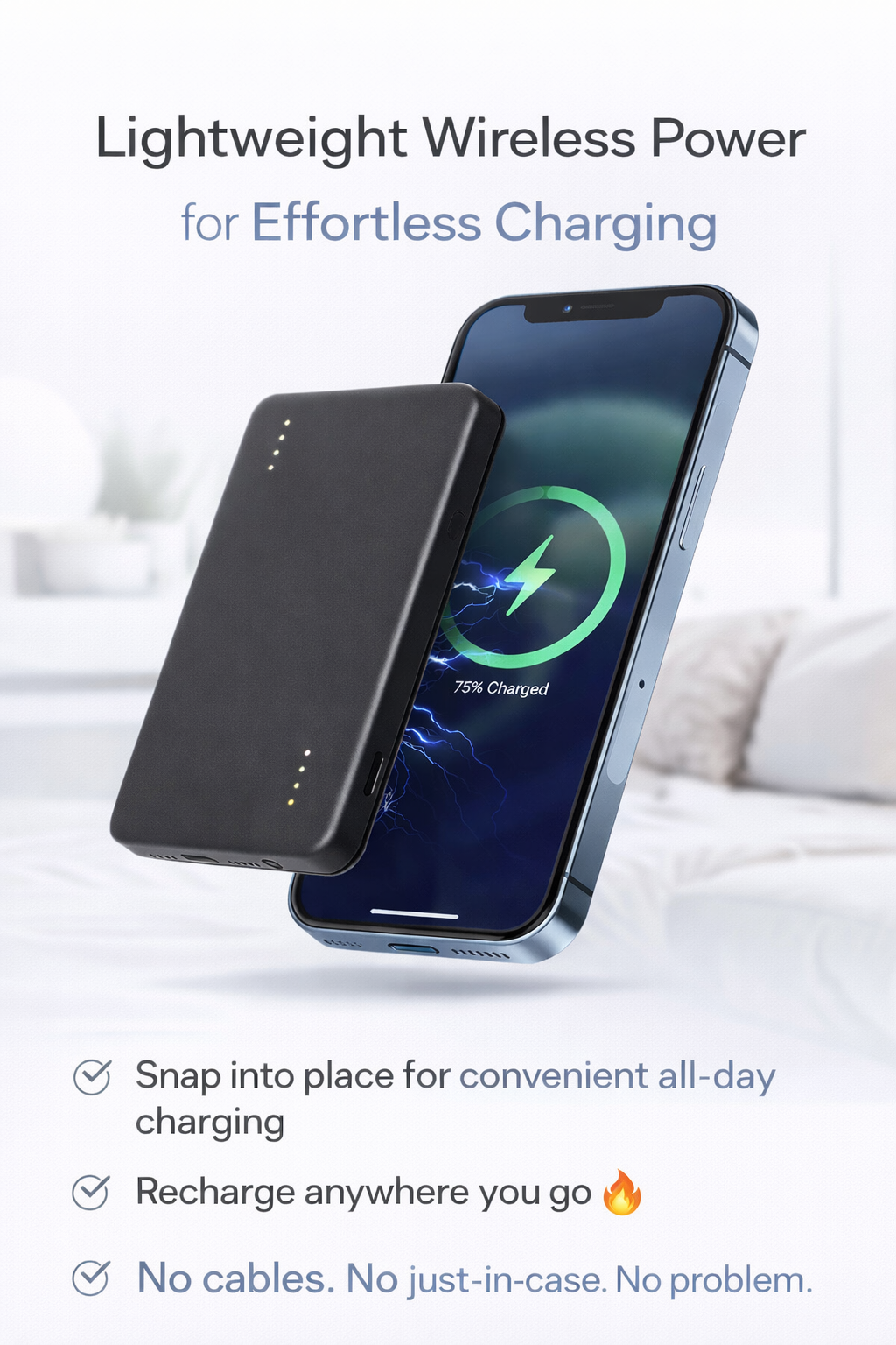 Slim Magnetic Power Bank 10000mAh, Snap-On Wireless Portable Charger, Fast Charging Battery Pack for iPhone